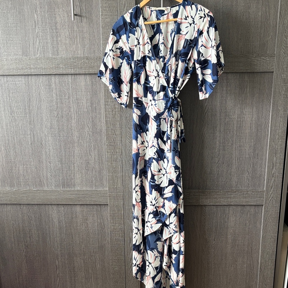Peach Love California Navy and White Floral High Low Wrap Dress